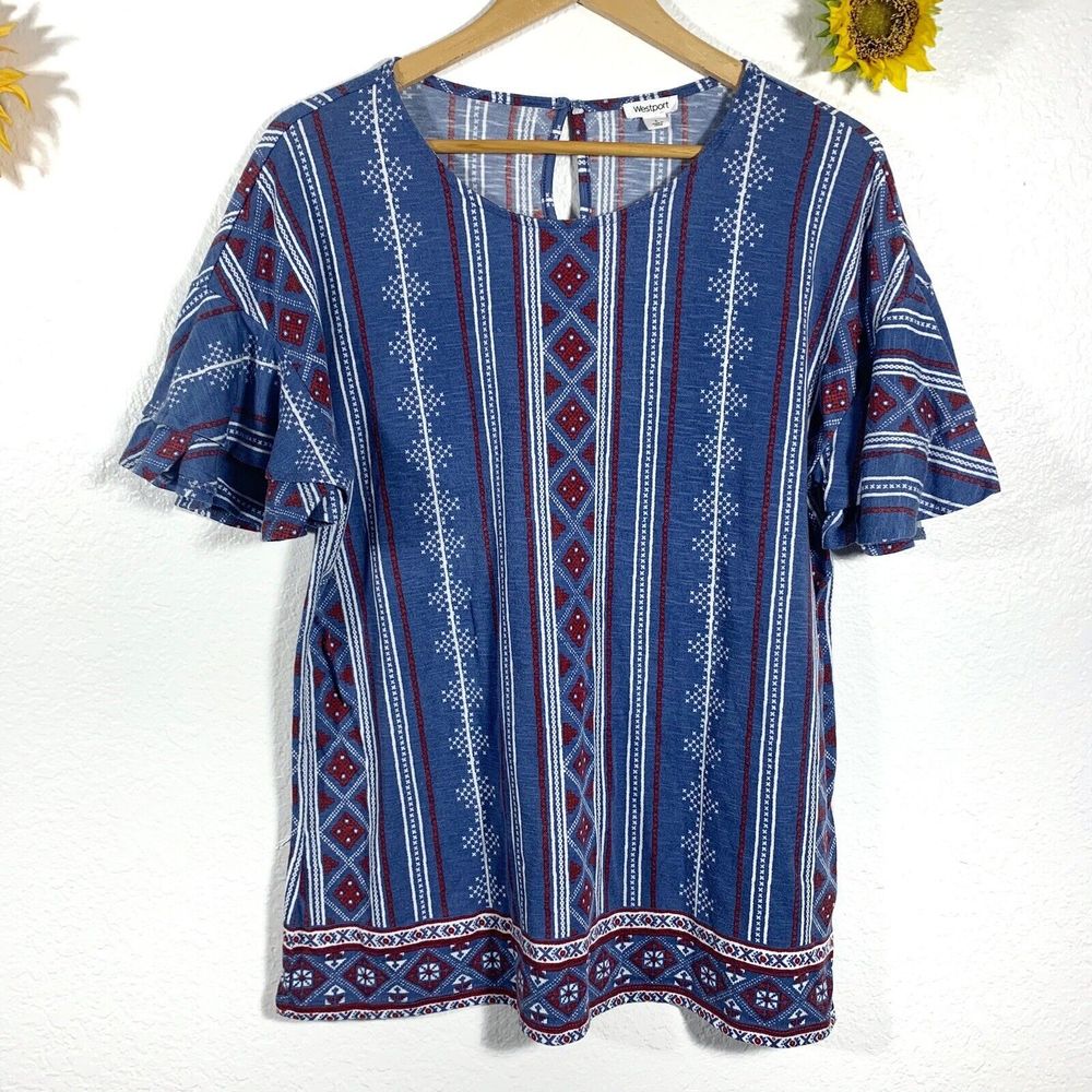 Westport Aztec Red White Blue Ruffle Sleeve Blouse Size Large Women’s